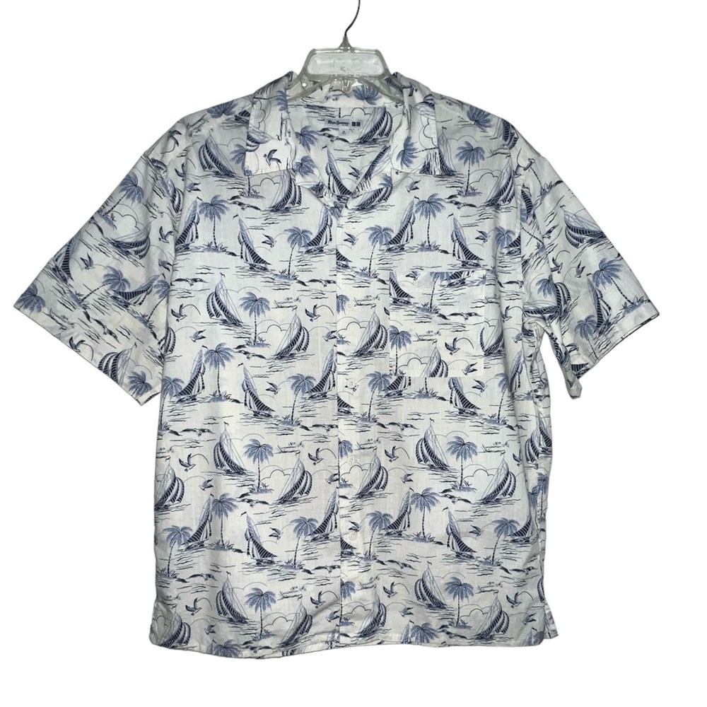 Reyn Spooner Men’s Hawaiian Button Up Shirt Size XL White Blue Graphic Sail Boat